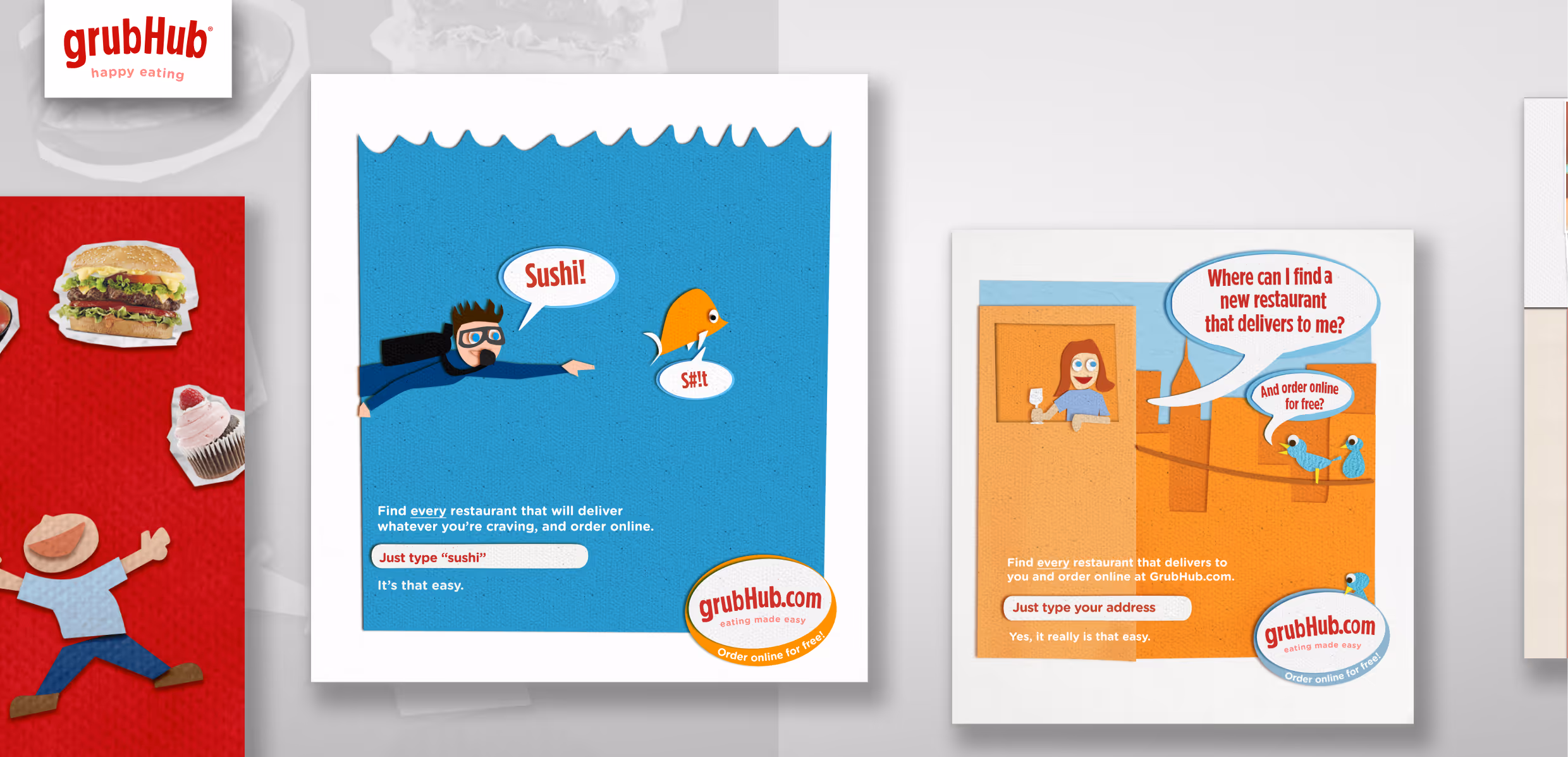 Two Grubhub print ads in cut-paper collage style: a scuba diver saying “Sushi!” to an alarmed fish, and a woman at a window asking where to find a new restaurant that delivers.