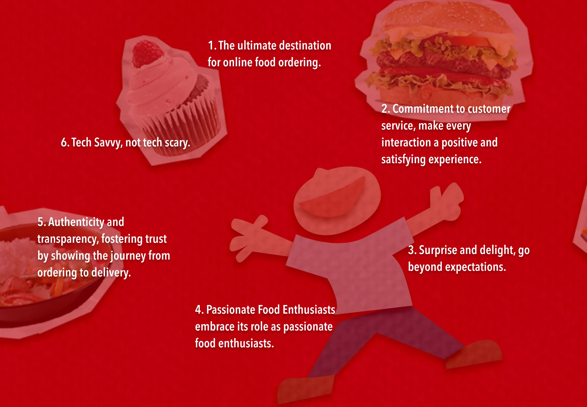 Six brand principles set over a red cut-paper background: the ultimate destination for online food ordering, commitment to customer service, surprise and delight, passionate food enthusiasts, authenticity and transparency, and tech savvy not tech scary.