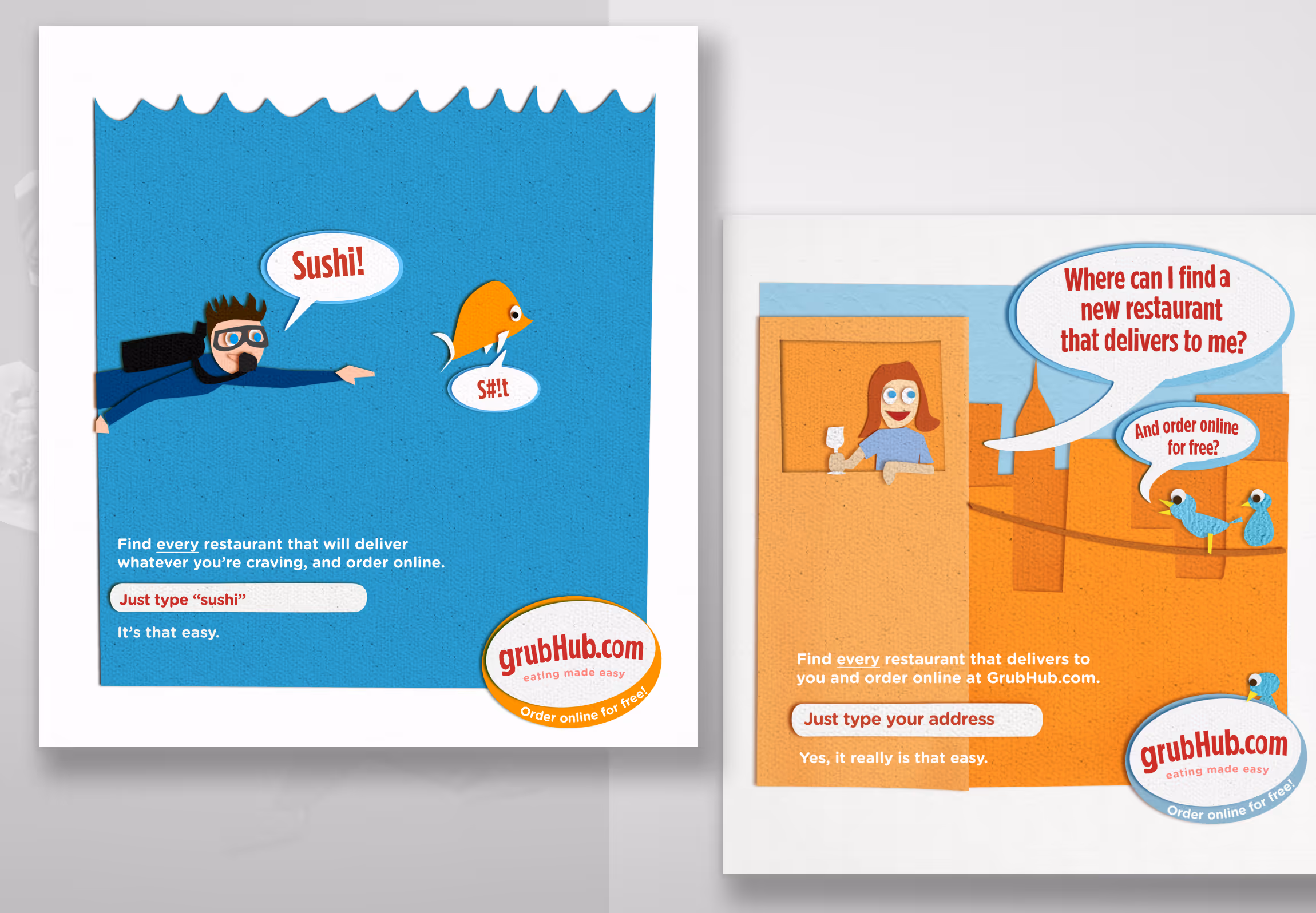 The two cut-paper ad concepts at full size, each ending in a search field prompt and the grubHub.com badge reading “Order online for free!”.
