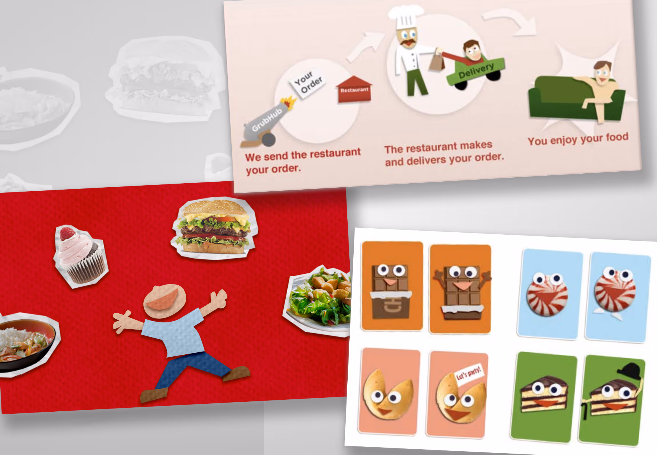 Three brand applications: a three-step explainer showing order, restaurant and delivery; the red cut-paper hero illustration; and a set of food character cards with googly eyes.