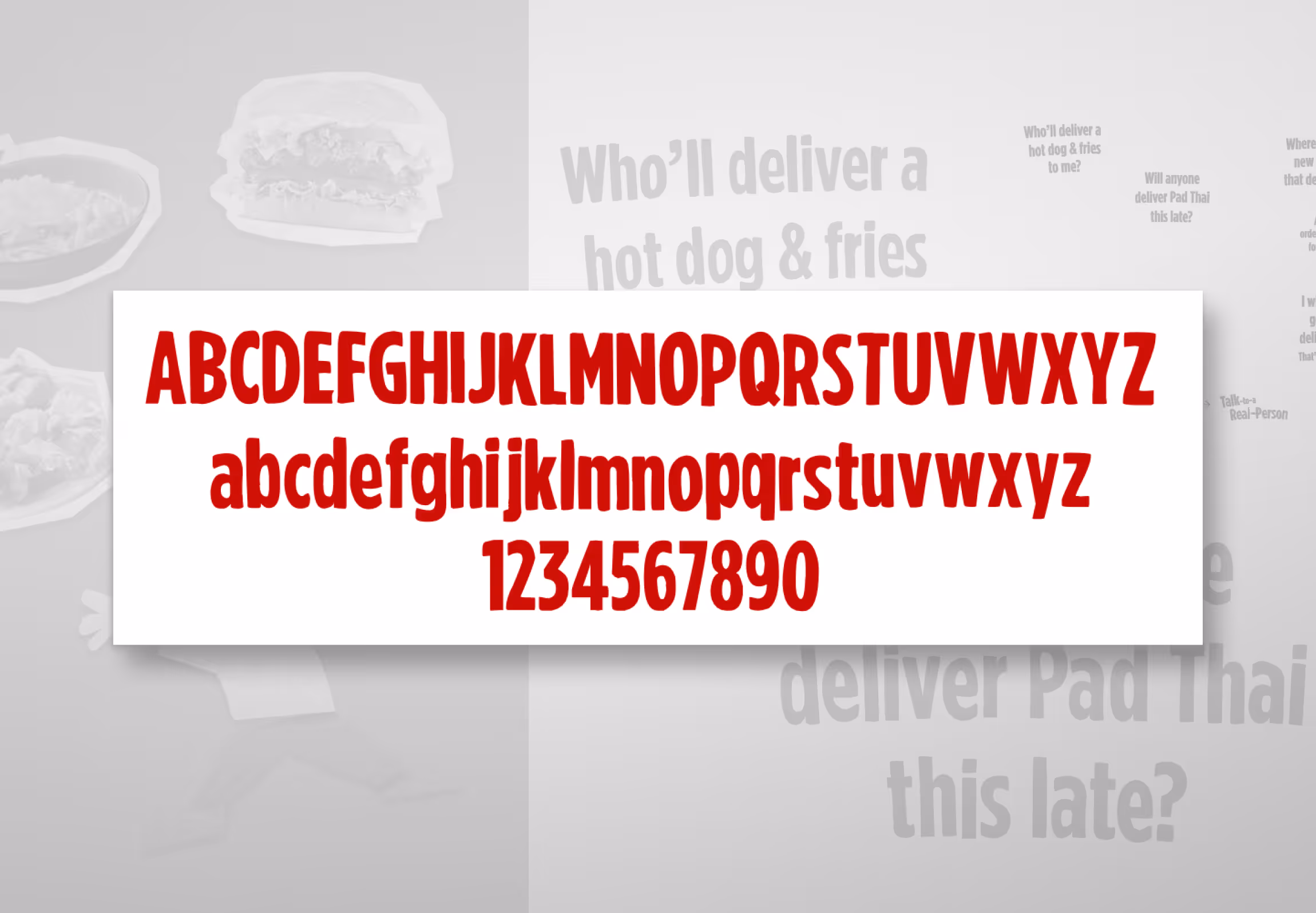 Specimen of the Grubhub display typeface — a condensed, slightly irregular red sans-serif shown in uppercase, lowercase and numerals.