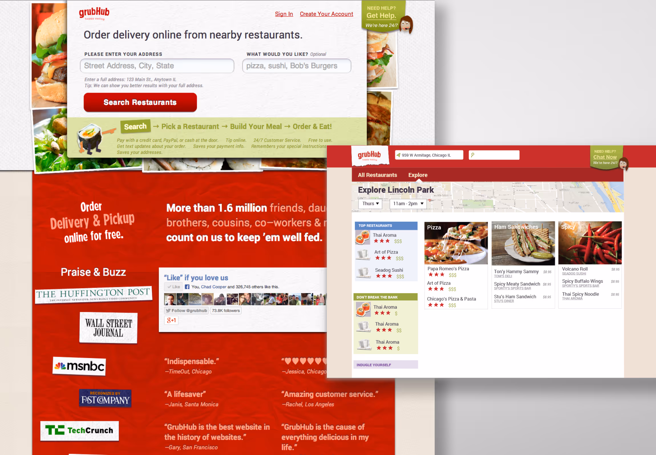 Grubhub homepage and Explore pages in the new brand: address search, restaurant cards, and a press strip quoting the Huffington Post, Wall Street Journal, MSNBC, Fast Company and TechCrunch.