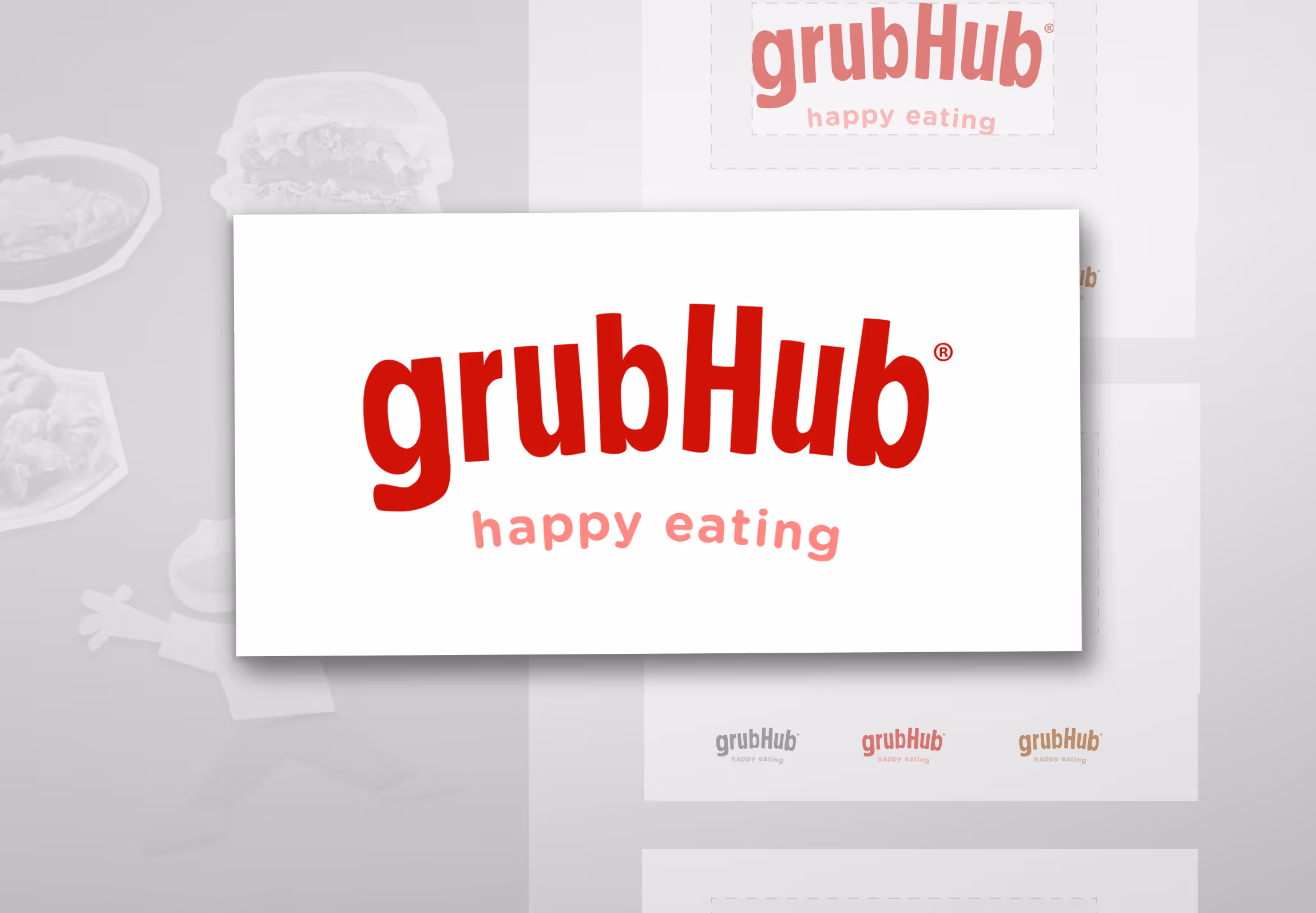 The final grubHub wordmark — lowercase “grub” and a capital H in a bouncing red sans-serif, with the “happy eating” tagline beneath.