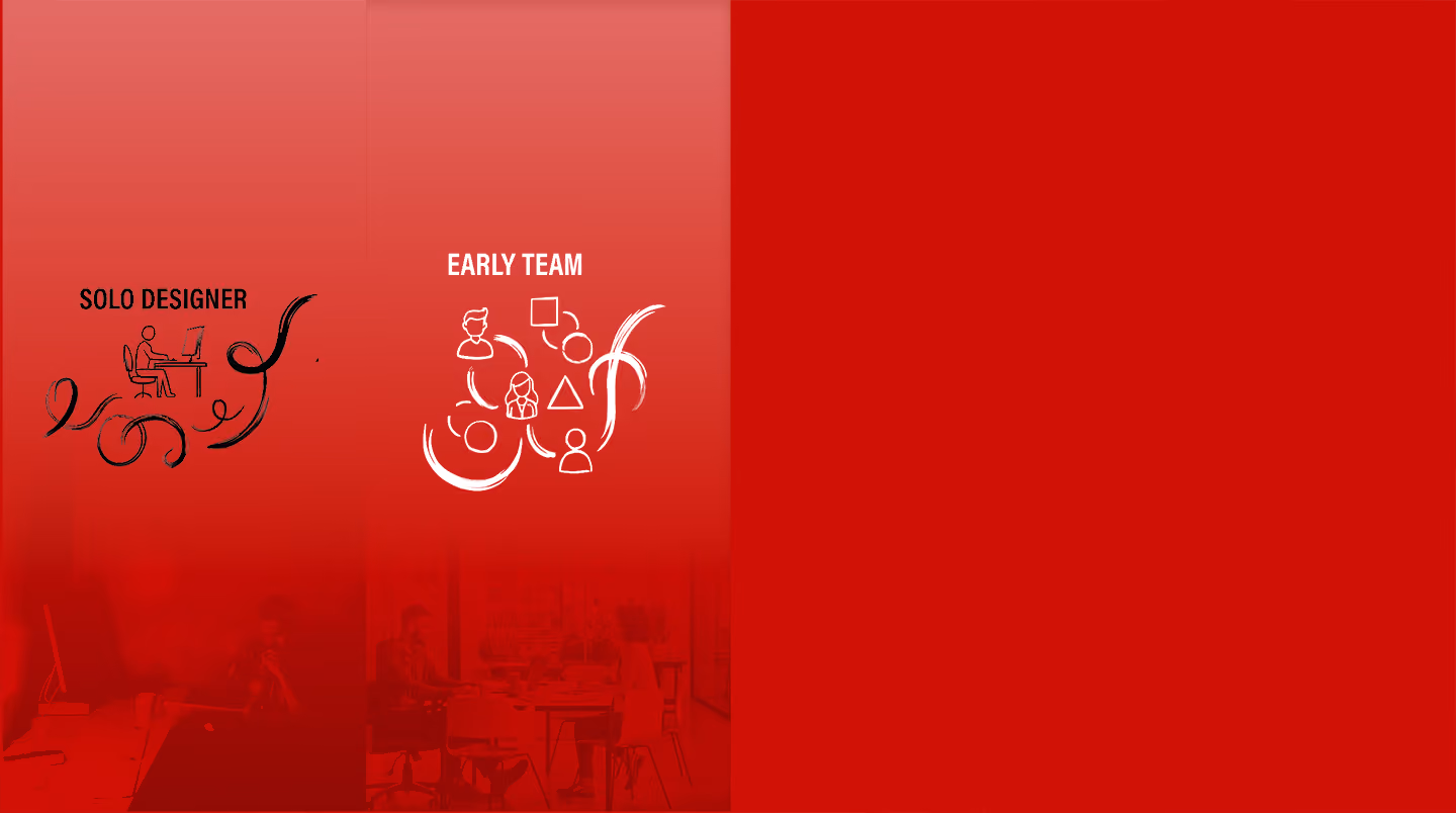 Stage two: the solo designer joined by an “Early team” — a small cluster of people and design artefacts.