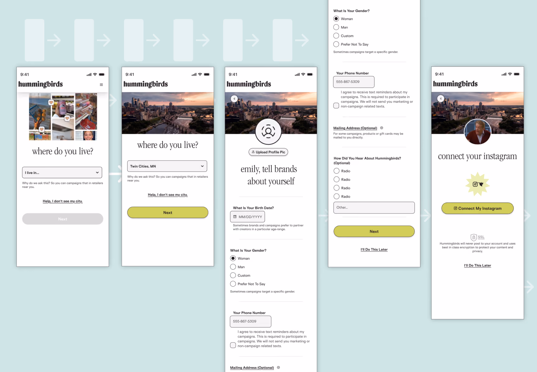 Mobile app onboarding screens for Hummingbirds asking location, personal info, and Instagram connection.