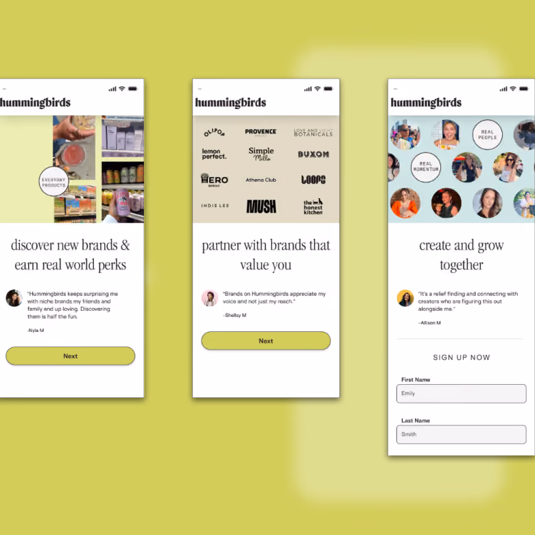 Three value-prop screens — discover new brands and earn real world perks, partner with brands that value you, and create and grow together — each carrying a quote from a named creator.