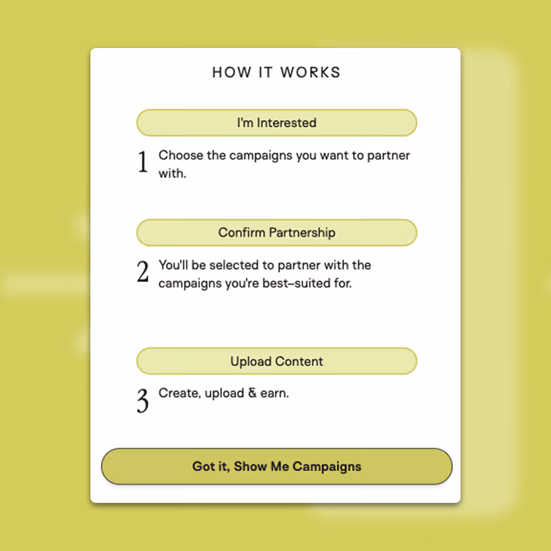 A “How It Works” explainer — I'm Interested, Confirm Partnership, Upload Content — ending in a “Got it, Show Me Campaigns” button.