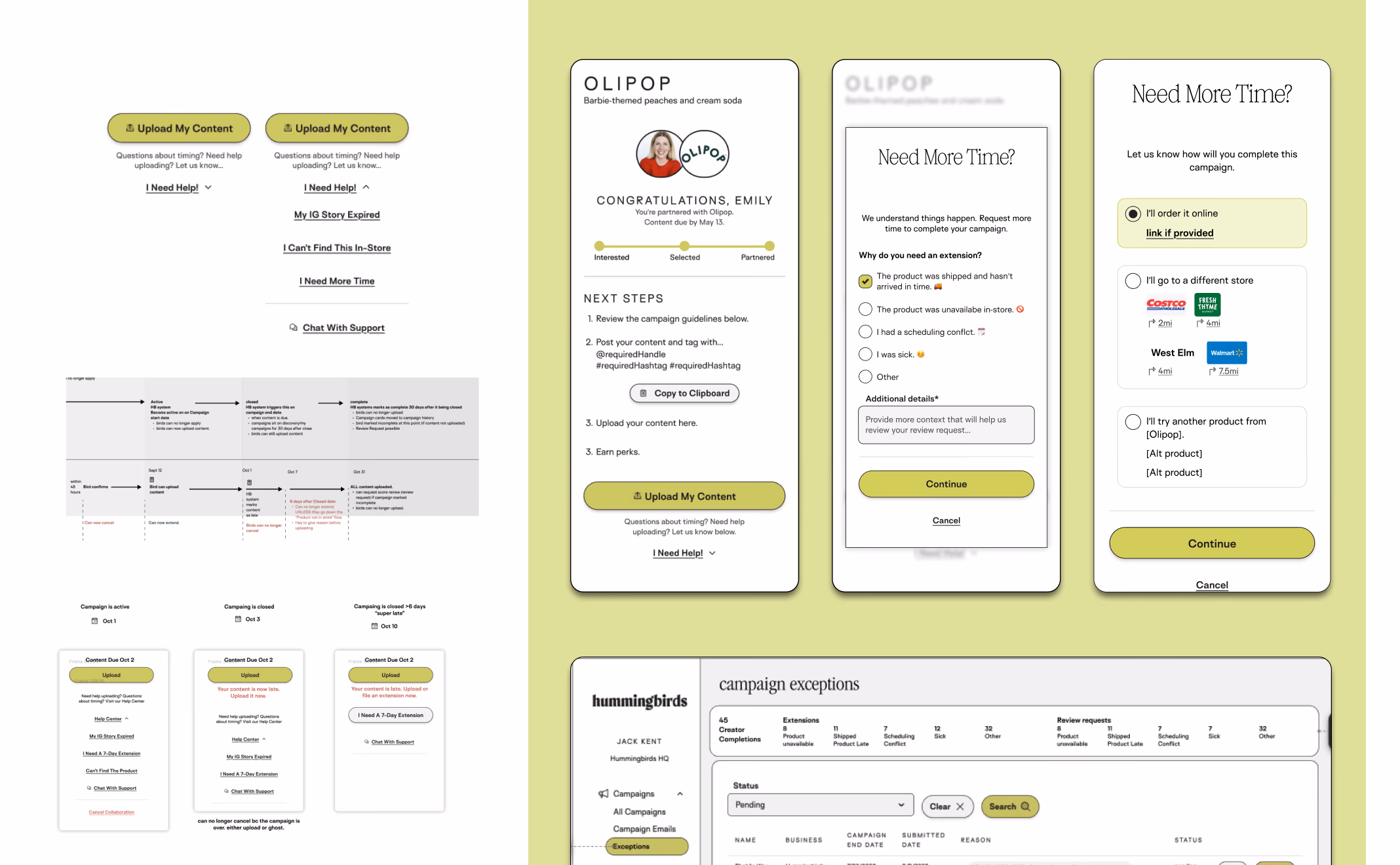 The creator surfaces built out: the upload screen with its help menu expanded, campaign states from active through closed to super late, the Need More Time extension modal and its in-store backup options, and the admin campaign exceptions queue.