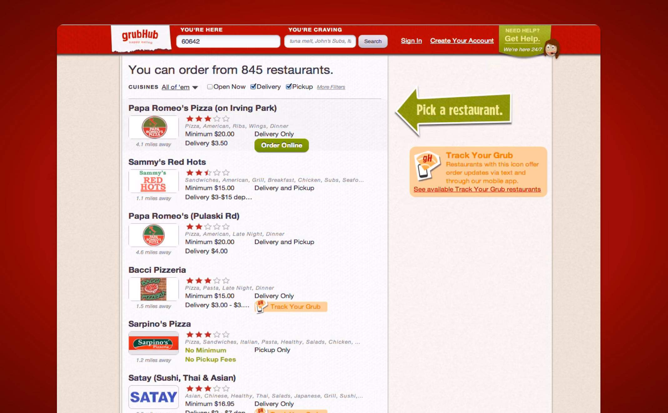 Grubhub search results before the test: 845 restaurants, each listing its minimum order and delivery fee under the name, with a “Pick a restaurant” callout pointing at the list.