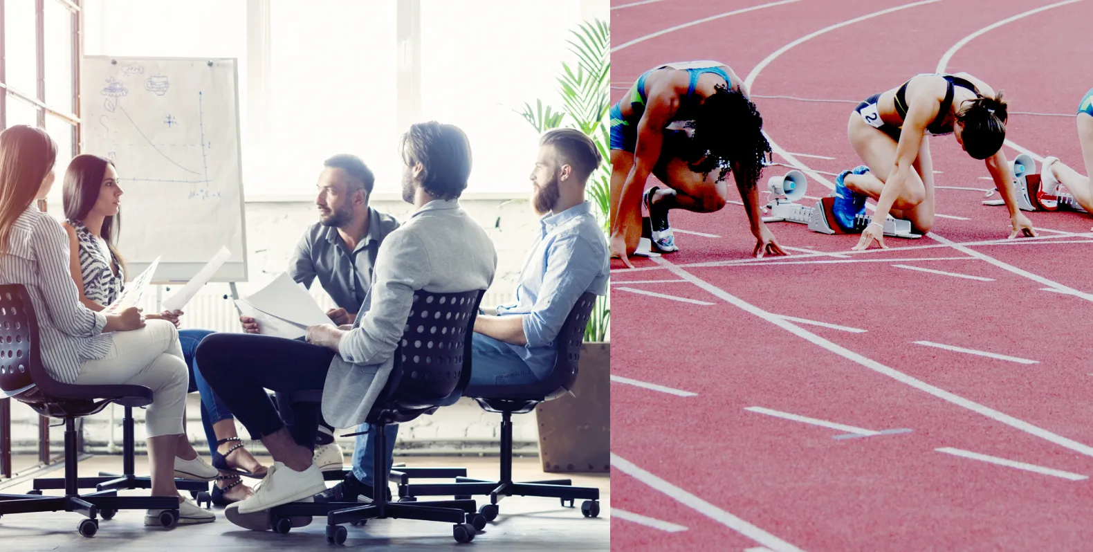 Stock photography: a team meeting in a bright office, beside sprinters in starting blocks on a running track.