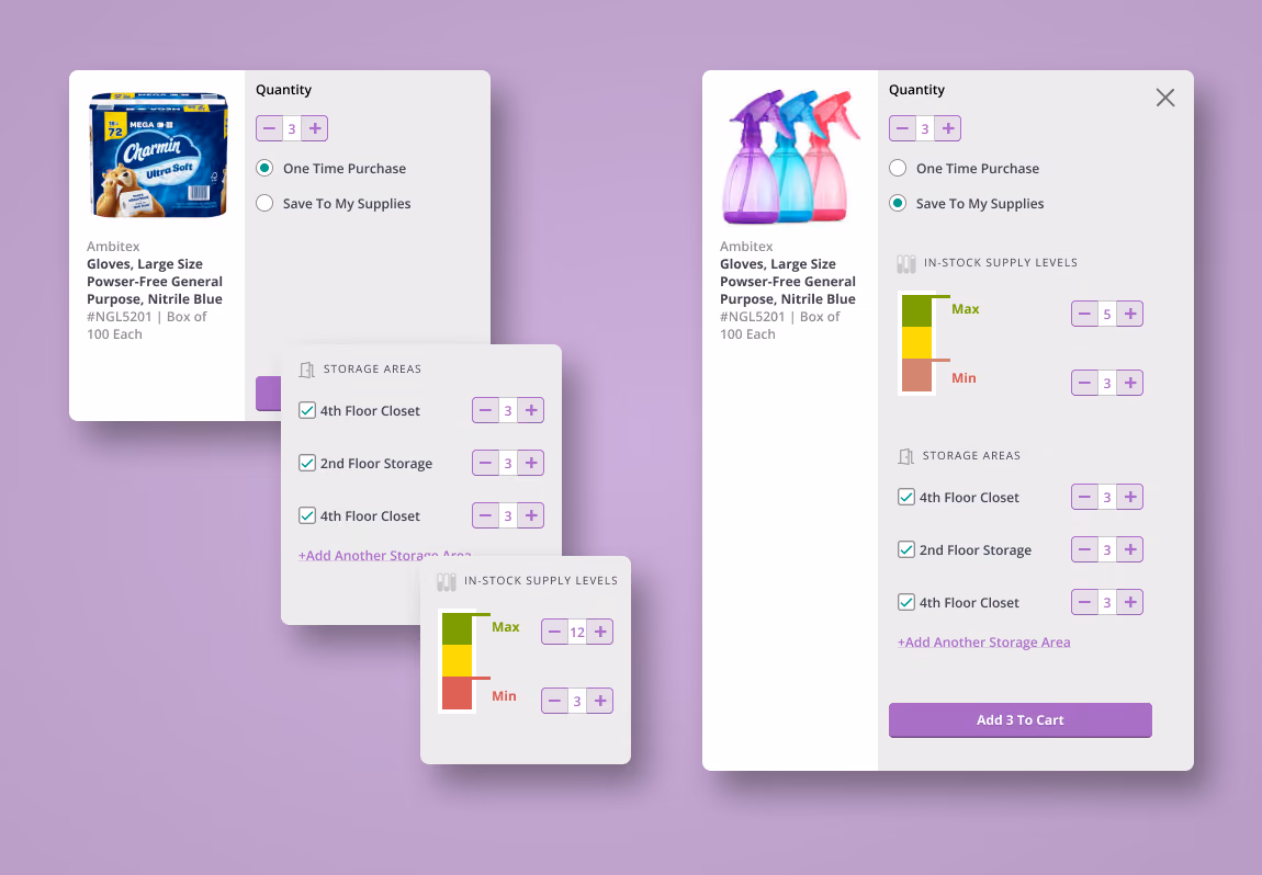 Two states of the quantity dialog — one-time purchase versus save to my supplies — with storage-area checkboxes and minimum and maximum in-stock supply level controls.