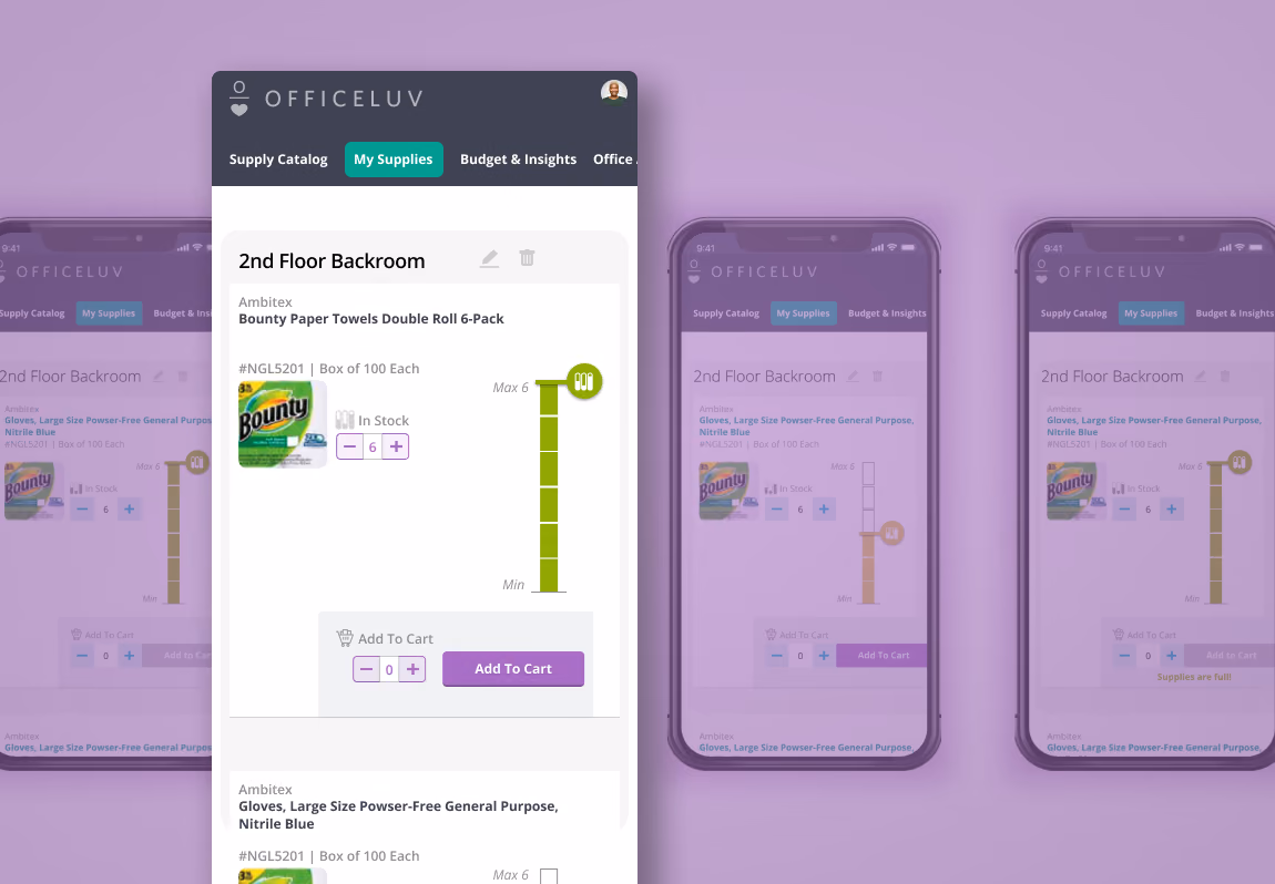 The OfficeLuv mobile app showing a backroom supply list with a minimum and maximum stock gauge and add-to-cart controls, repeated across several device frames.