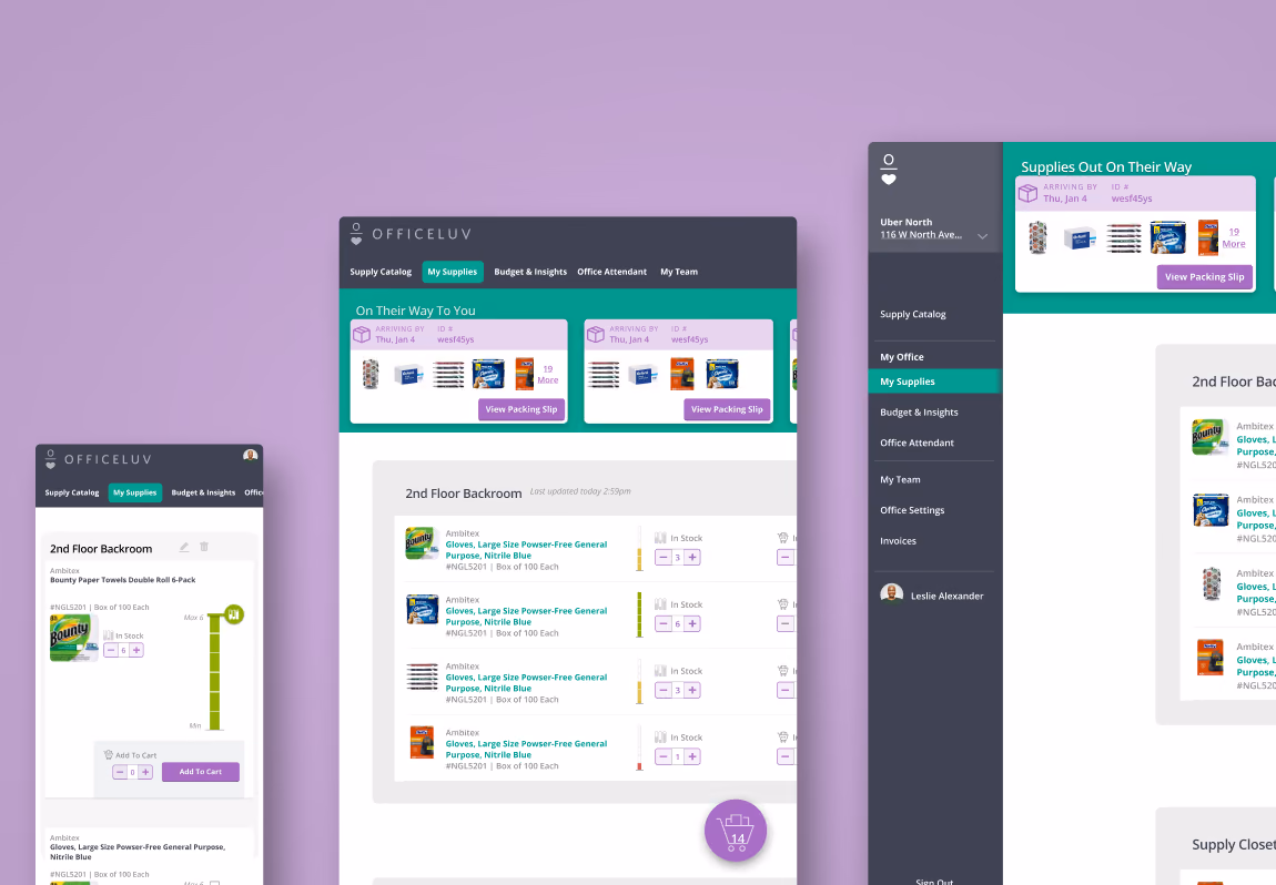 OfficeLuv across mobile and desktop: an inbound shipments strip, a backroom inventory list, and sidebar navigation for supply catalog, budget, office attendant and invoices.